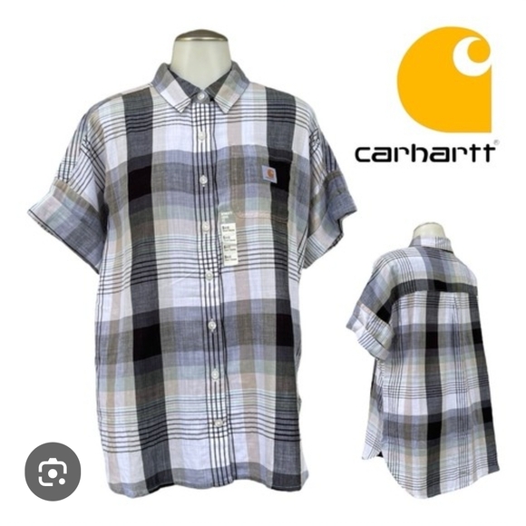 Carhartt Women's Plaid Short Sleeve Shirt - Black and White, Lg 10-12 - Picture 6 of 6